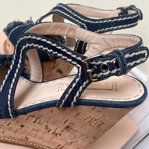 Prada | Denim Fringe Cork Wedges Size 37 Blue White Stitched - Picture 4 of 12